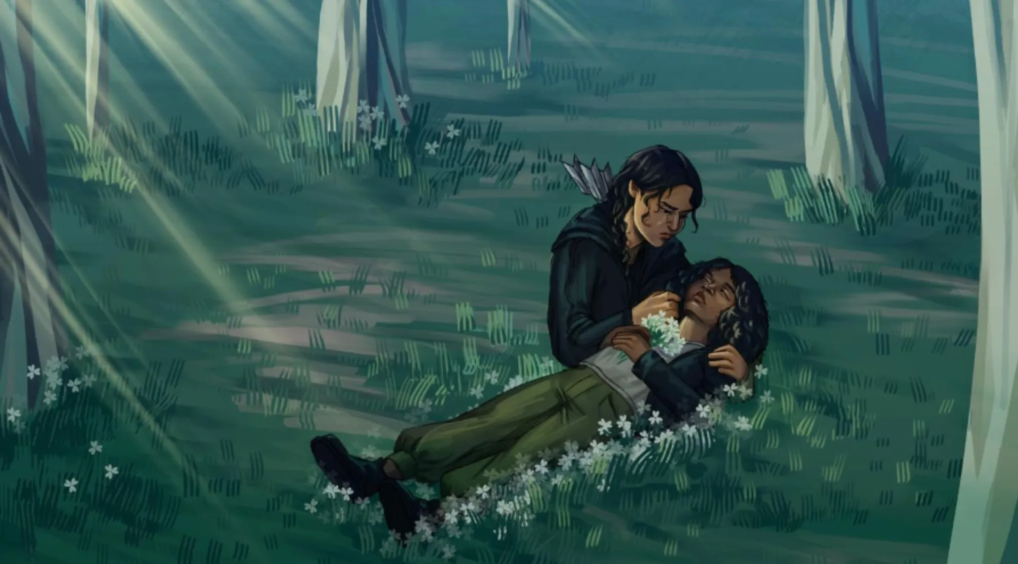 Fan art showing two characters in a forest scene with one holding the other, representing movies behind fan art.