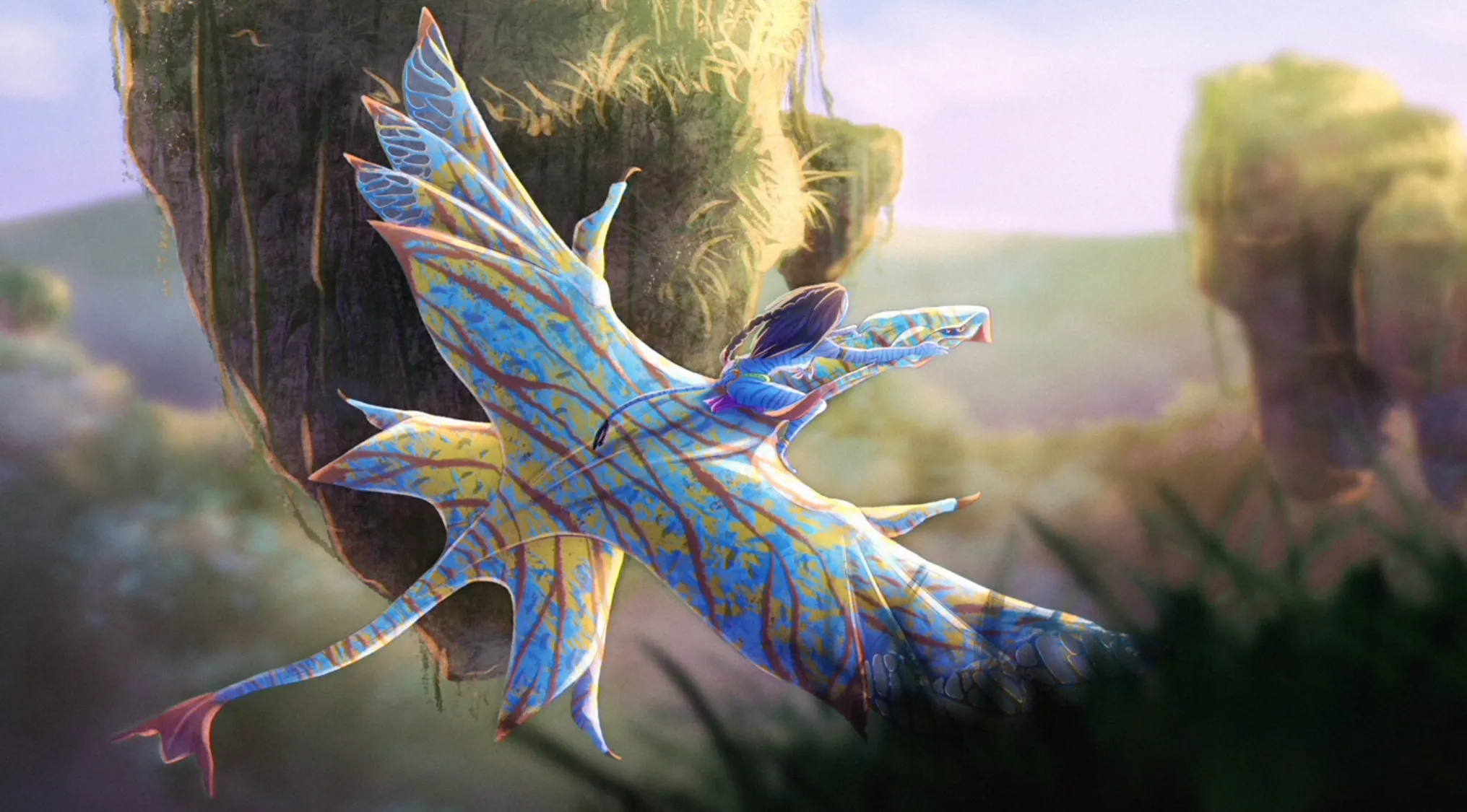 Colorful flying creature soaring near floating rocks in a fantasy landscape from movies behind fan art.