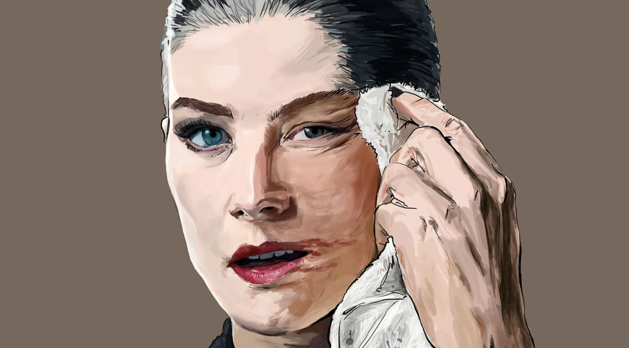 Digital fan art of a woman wiping her face, exploring which movie is behind this fan art concept.