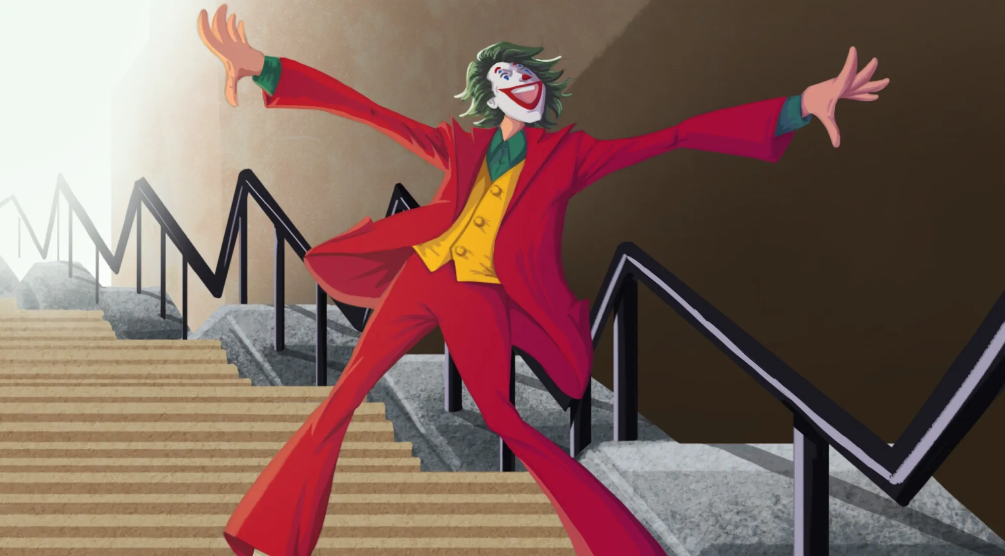 Fan art illustration of the Joker character dancing on stairs, representing iconic scenes from popular movies.