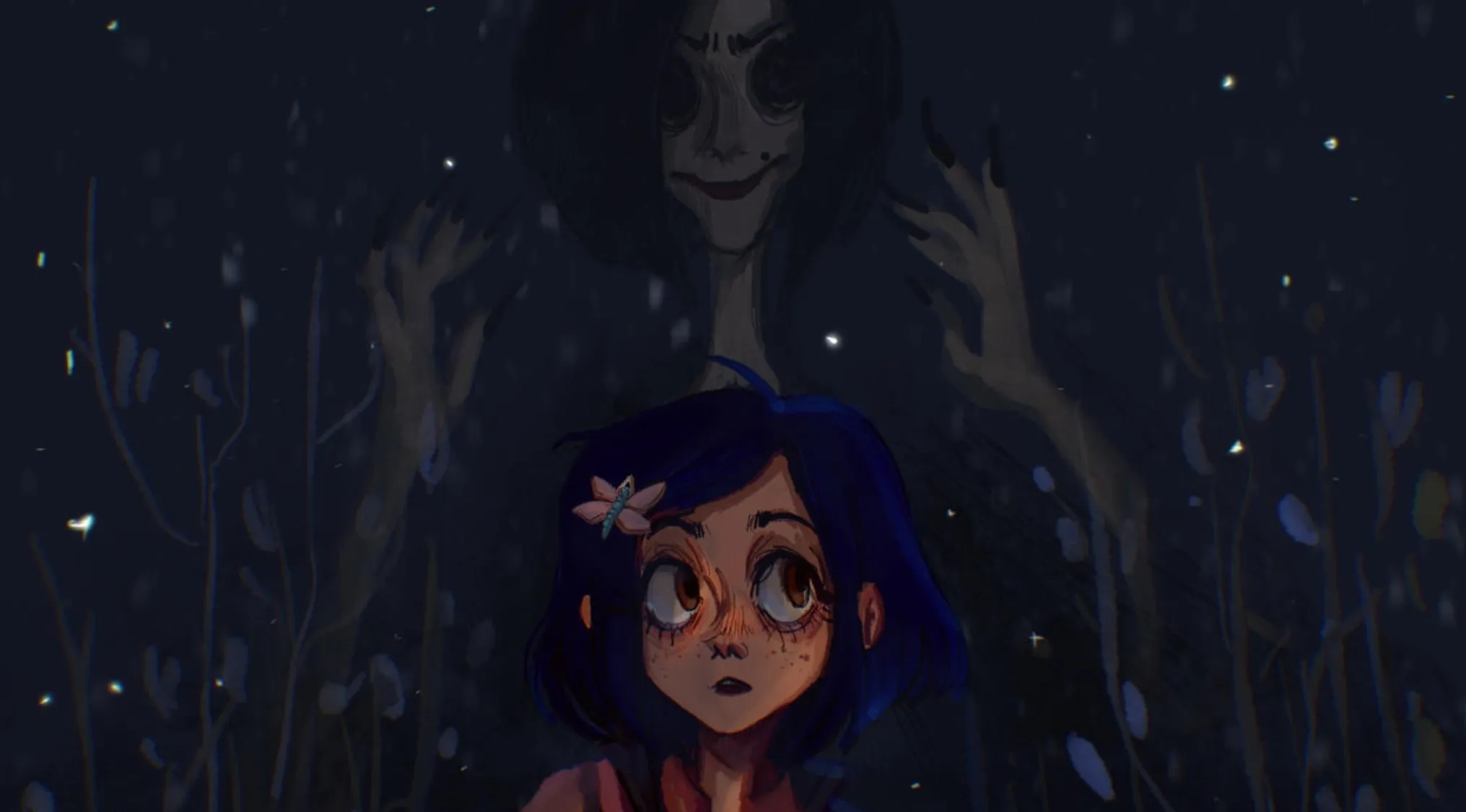 Fan art depicting a girl with blue hair and a butterfly, with a dark shadowy figure behind her from 30 movies behind fan art.