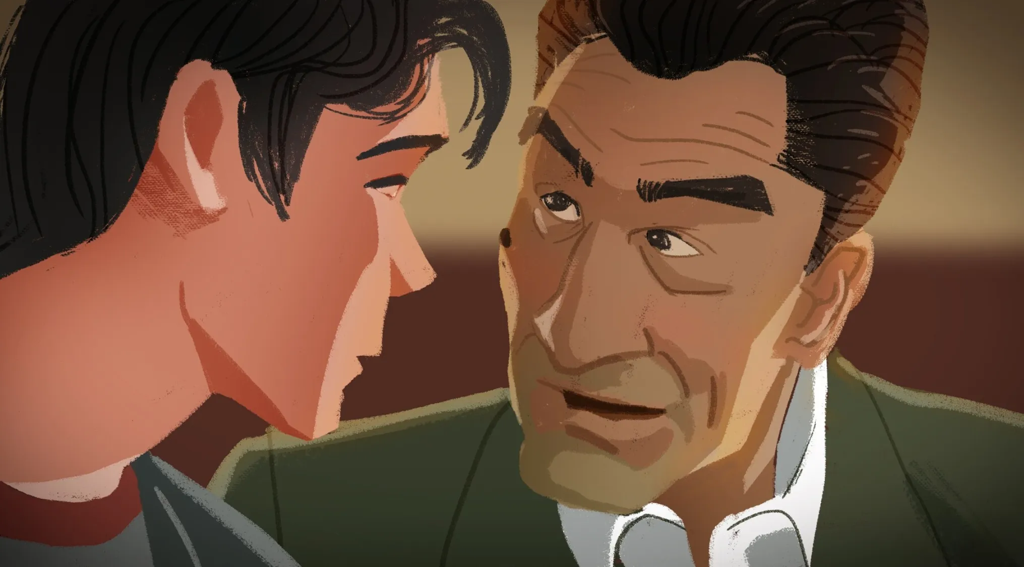 Animated fan art showing two men in a close conversation scene from a popular movie behind fan art.