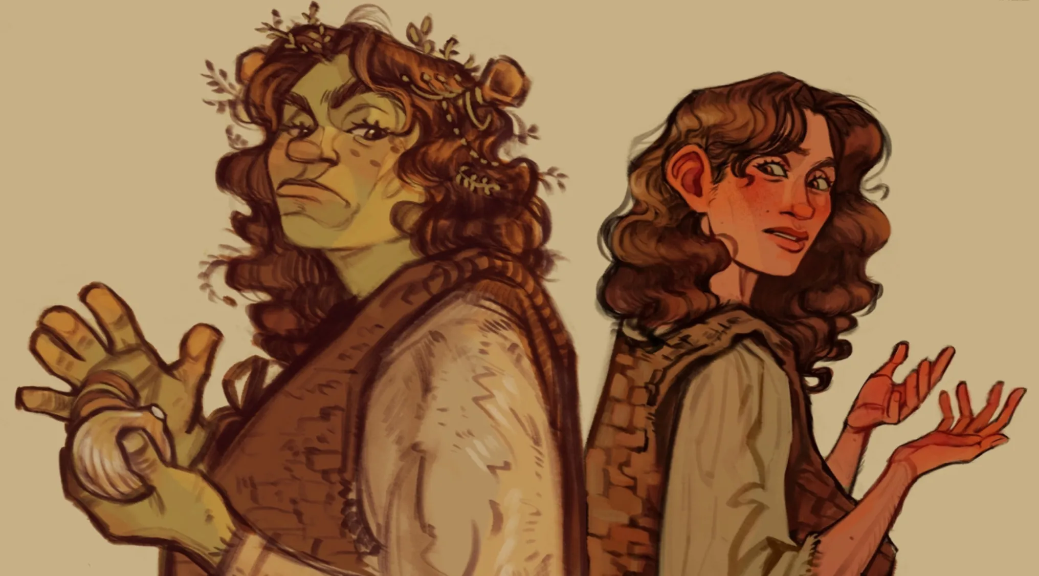 Fan art illustration of two fantasy characters with long curly hair, inspired by popular movies behind fan art.