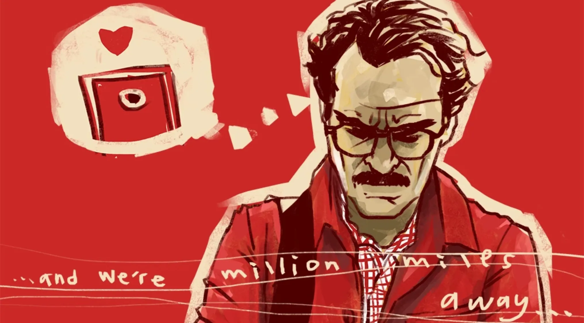 Fan art illustration of a serious man in glasses with red background, guessing the movie behind in 30 movies fan art challenge.