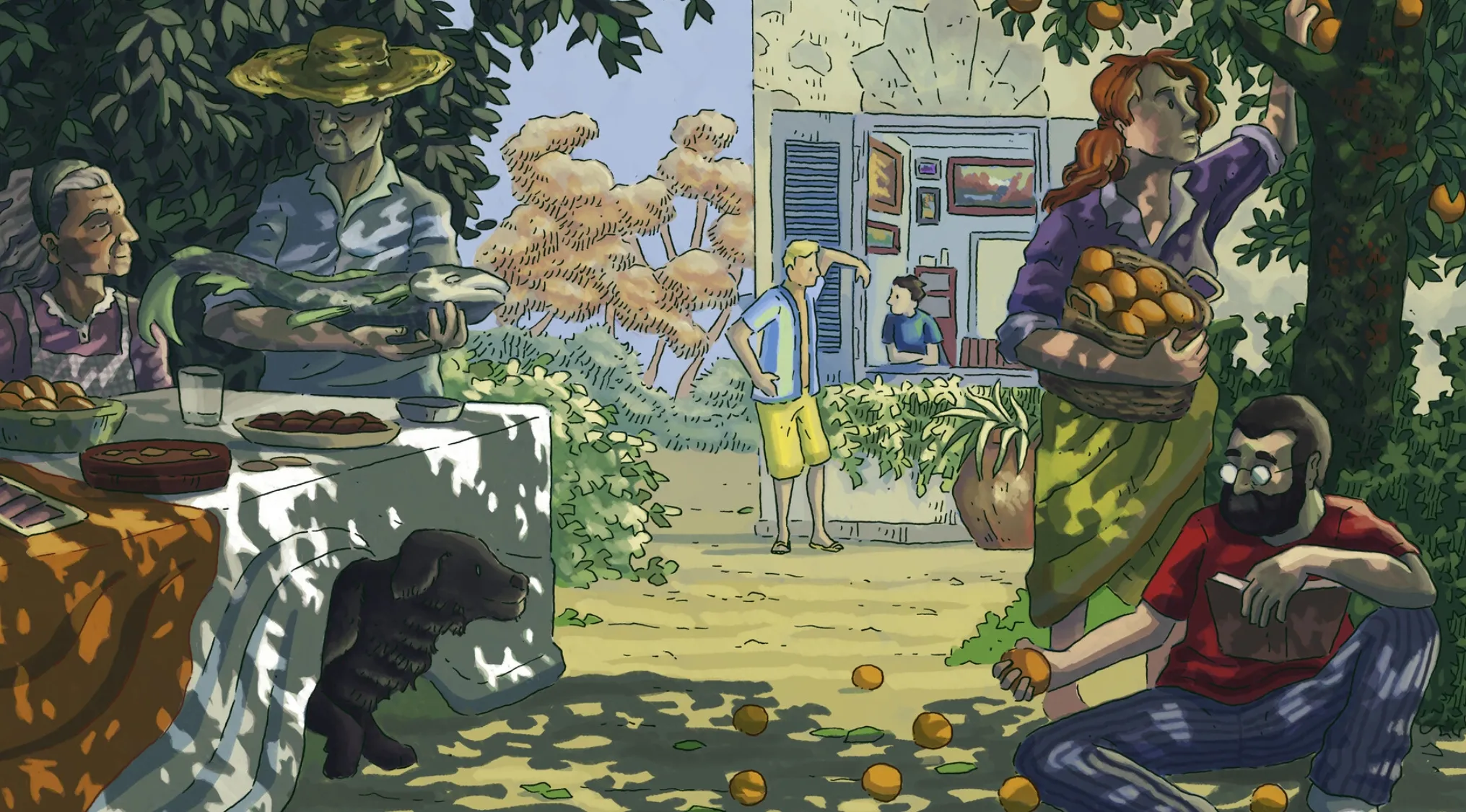 Fan art showing a vibrant outdoor scene with people, oranges, and a dog, related to movies behind fan art.