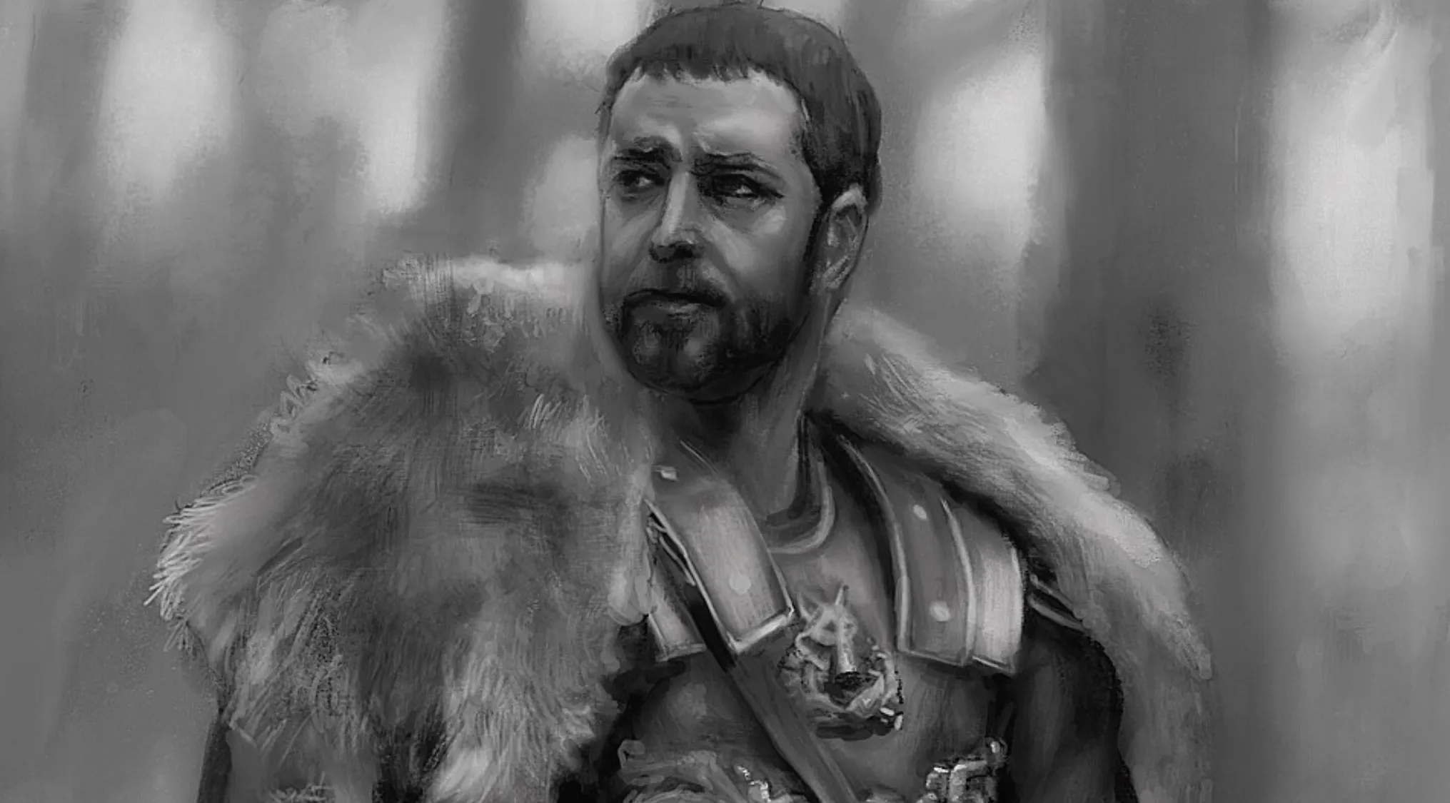 Black and white fan art of a man in medieval armor and fur cloak from a historical movie depiction.