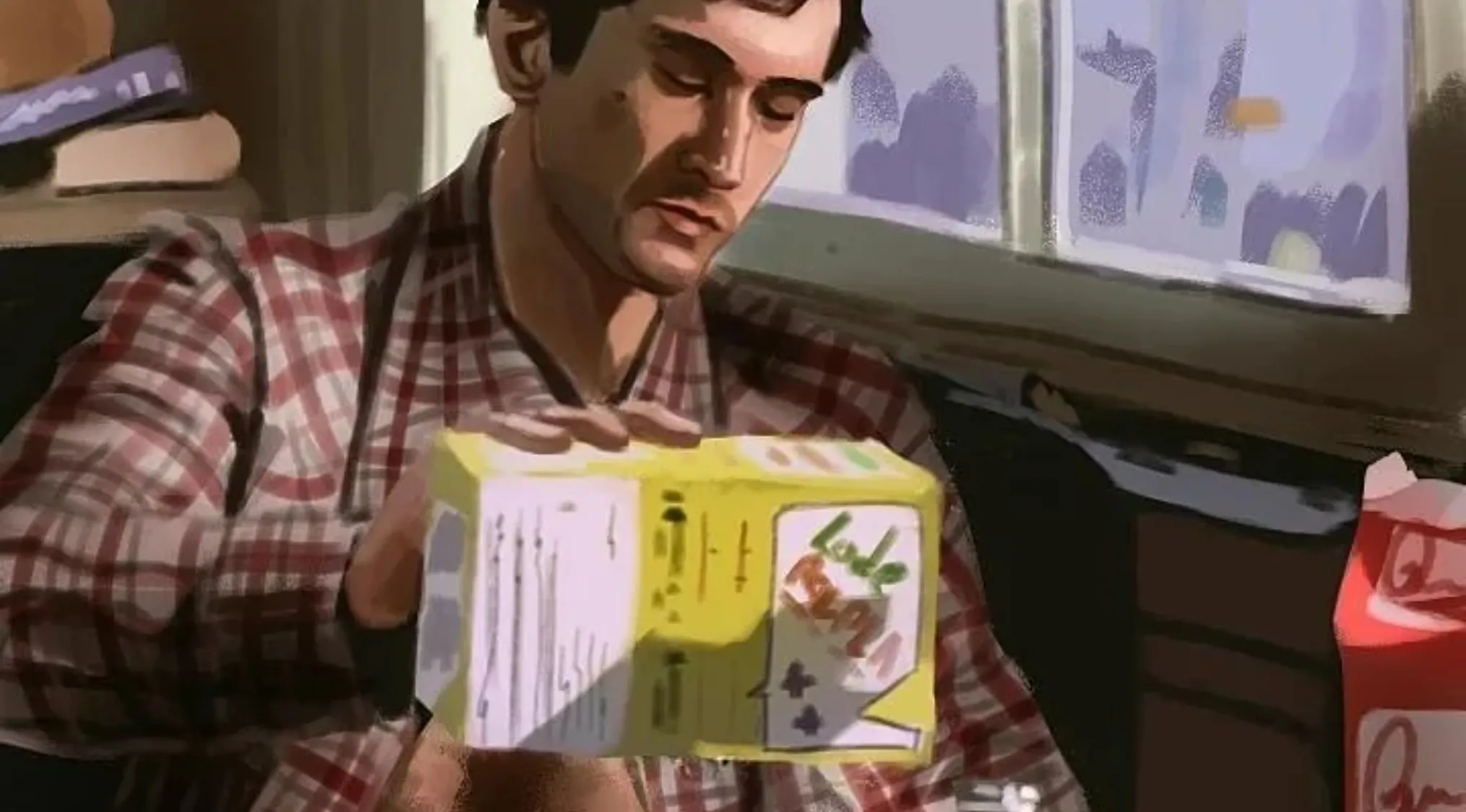 Digital fan art of a man in a plaid shirt holding a yellow carton, related to movies behind fan art.