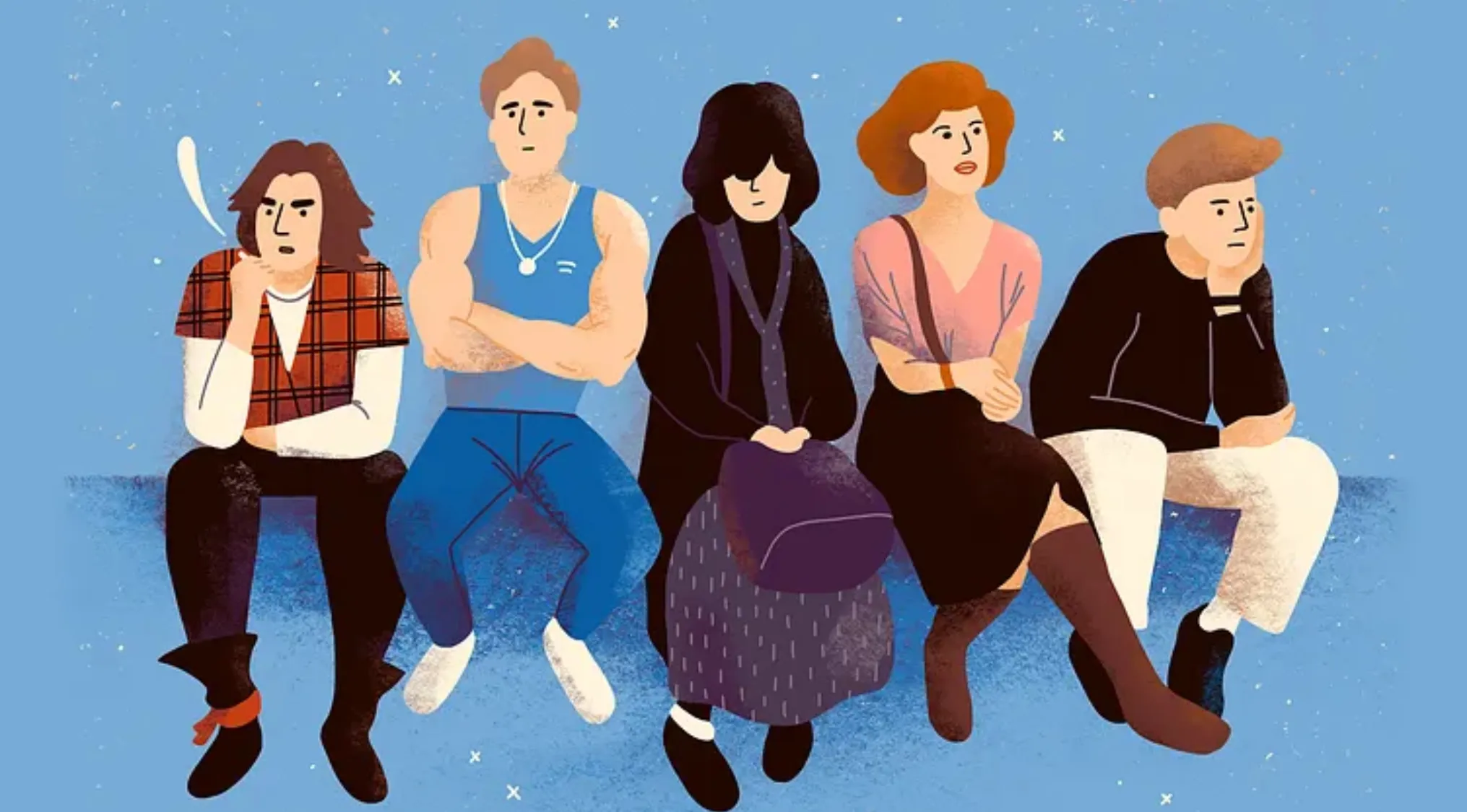 Illustration fan art of five characters sitting on a bench, representing the main cast from a popular 80s movie.