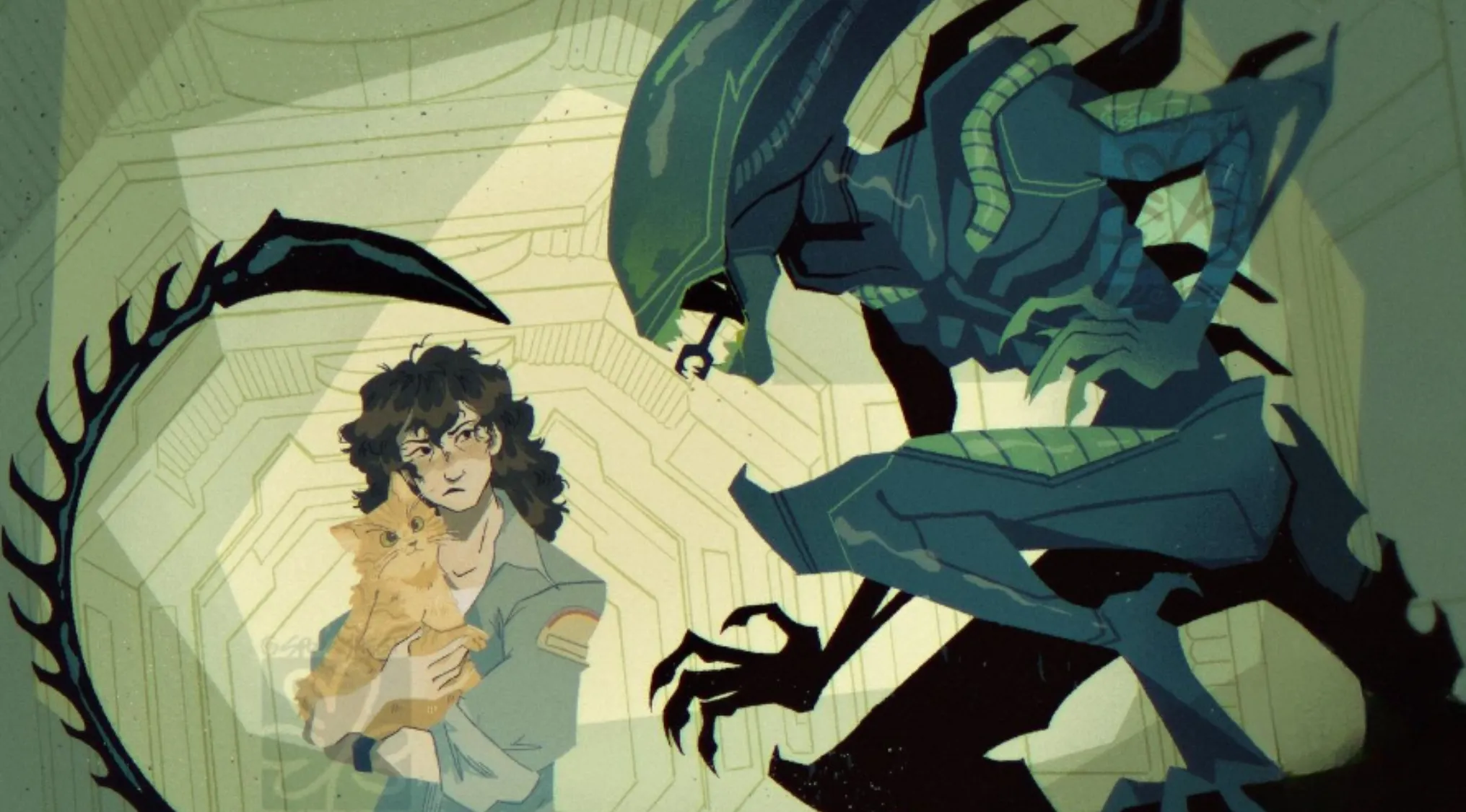 Fan art illustration showing a woman holding a cat facing a dark alien creature in a sci-fi movie scene.