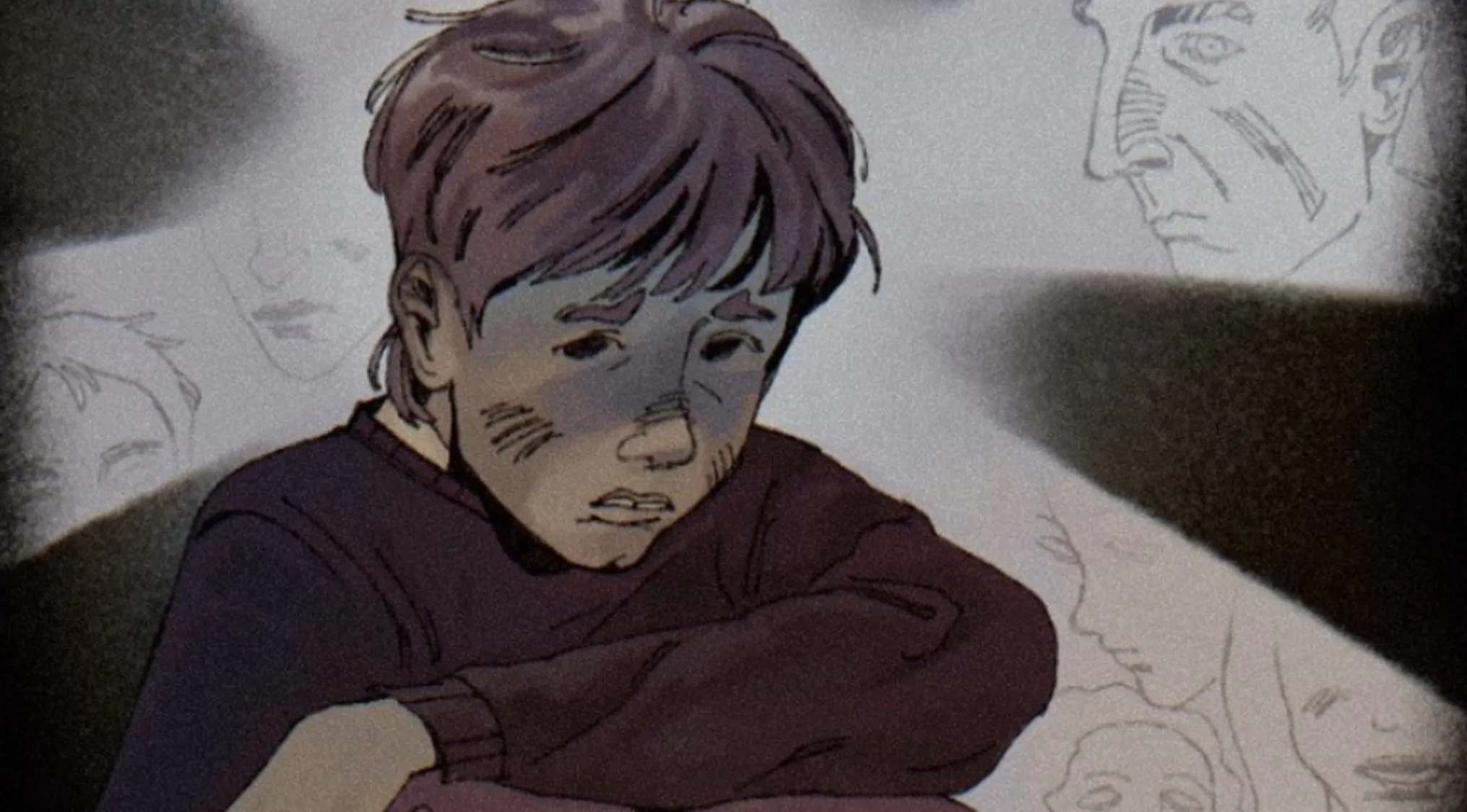 Animated fan art showing a sad boy with bruises and sketches of faces in the background from movies behind fan art.