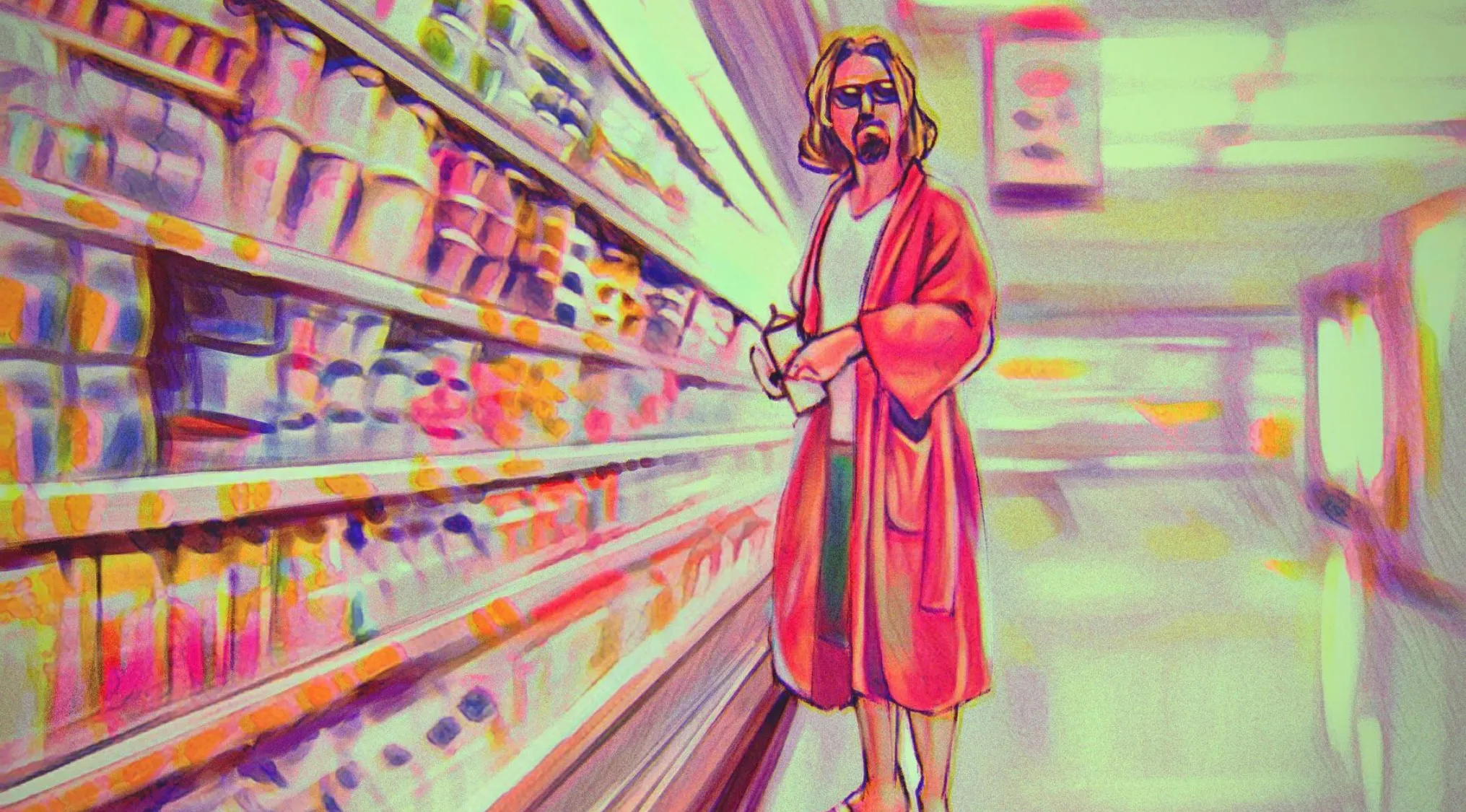 Colorful fan art of a man in a bathrobe standing in a grocery store aisle, inspired by famous movies.