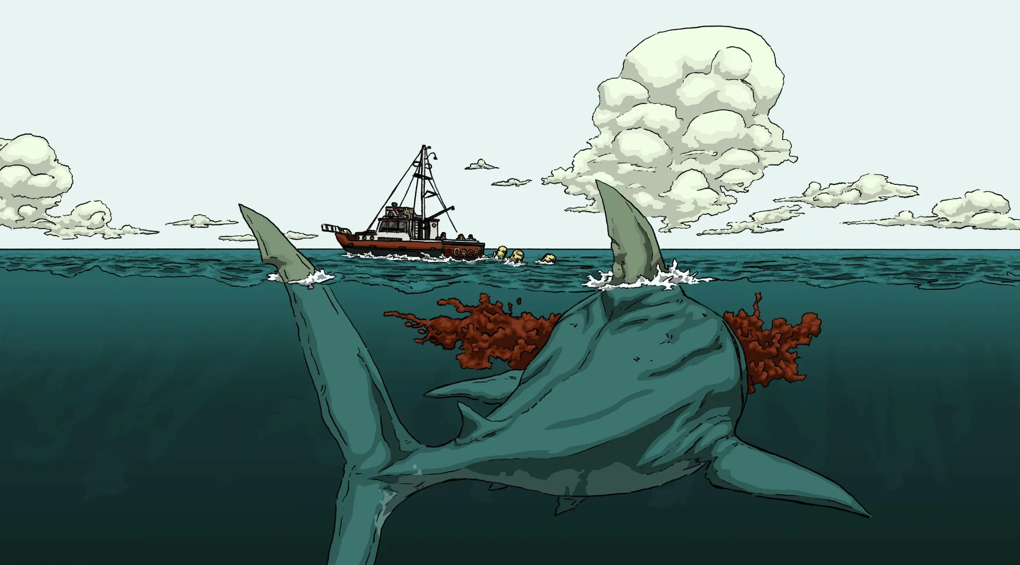 Fan art showing a great white shark attacking a fishing boat, inspired by classic movie scenes in ocean thriller films.