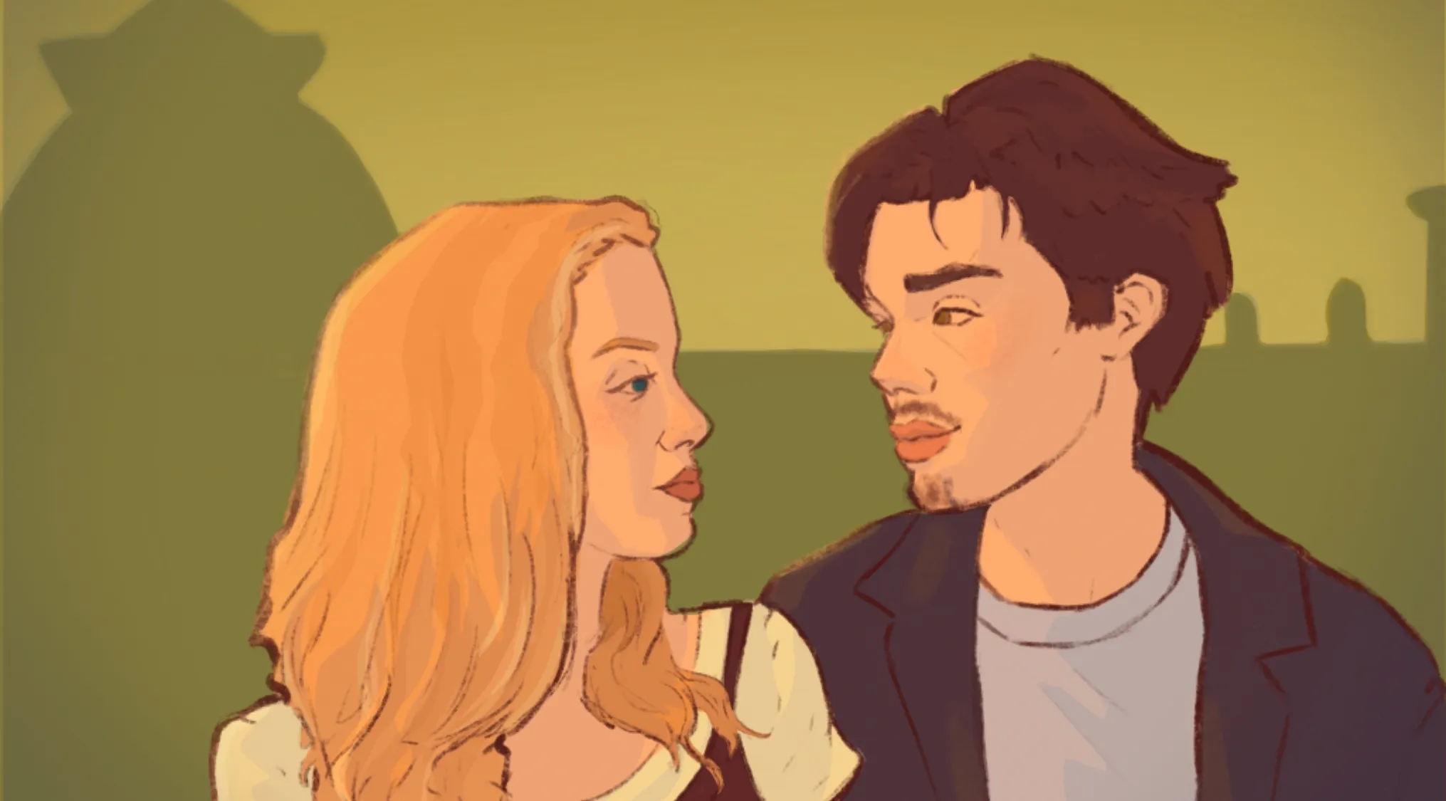 Fan art depicting a romantic scene from a popular movie with a man and woman gazing at each other.