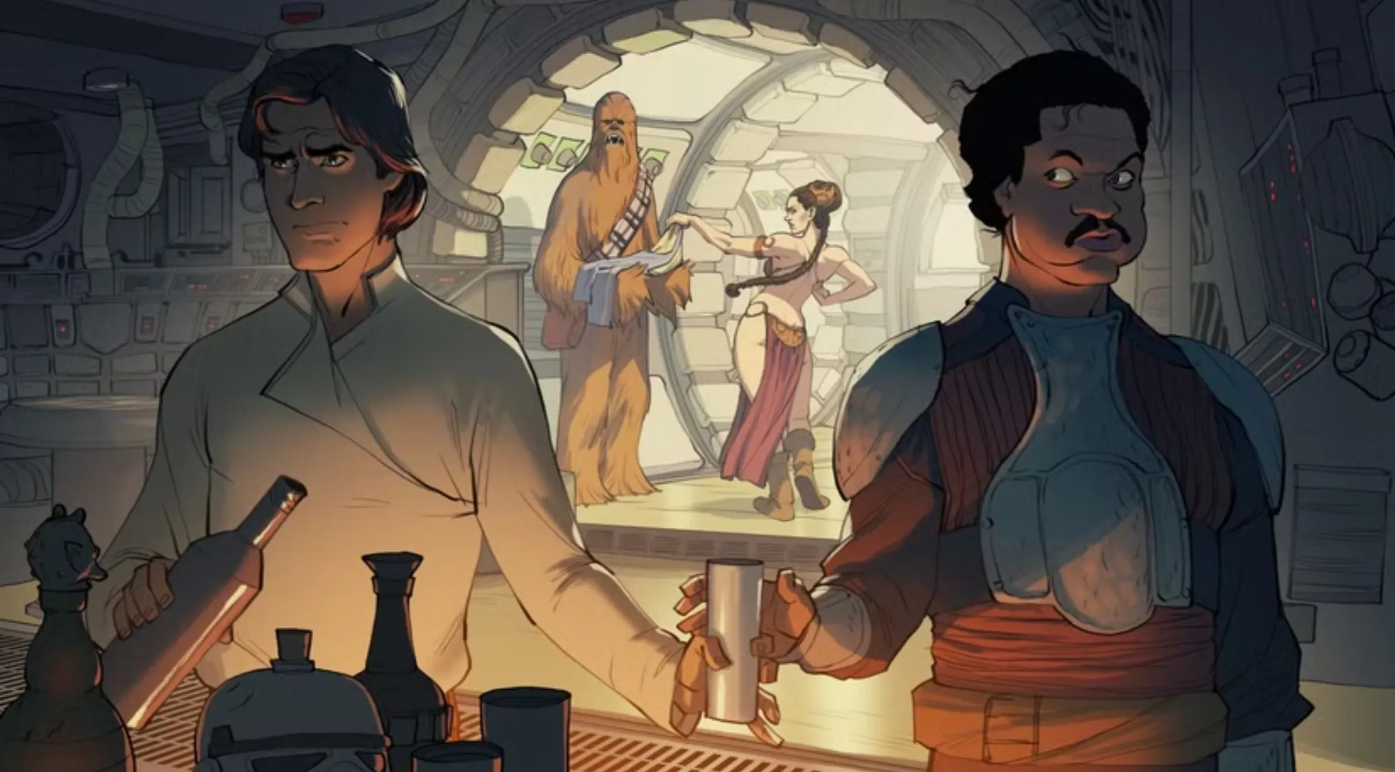 Fan art of Star Wars movie franchise characters Han Solo, Chewbacca, Princess Leia, and Lando Calrissian in the Millennium Falcon.