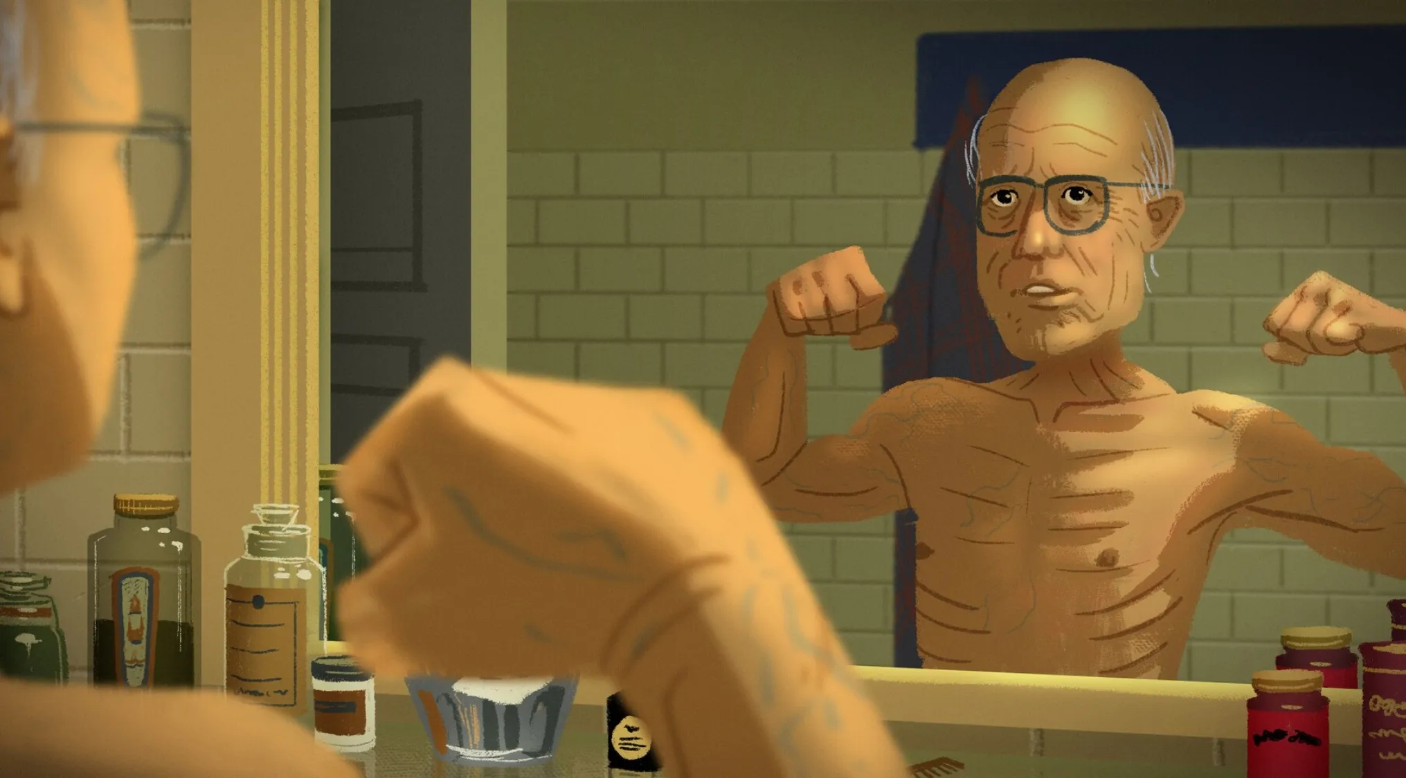 Animated elderly man flexing muscles in front of bathroom mirror, fan art inspired by famous movies.