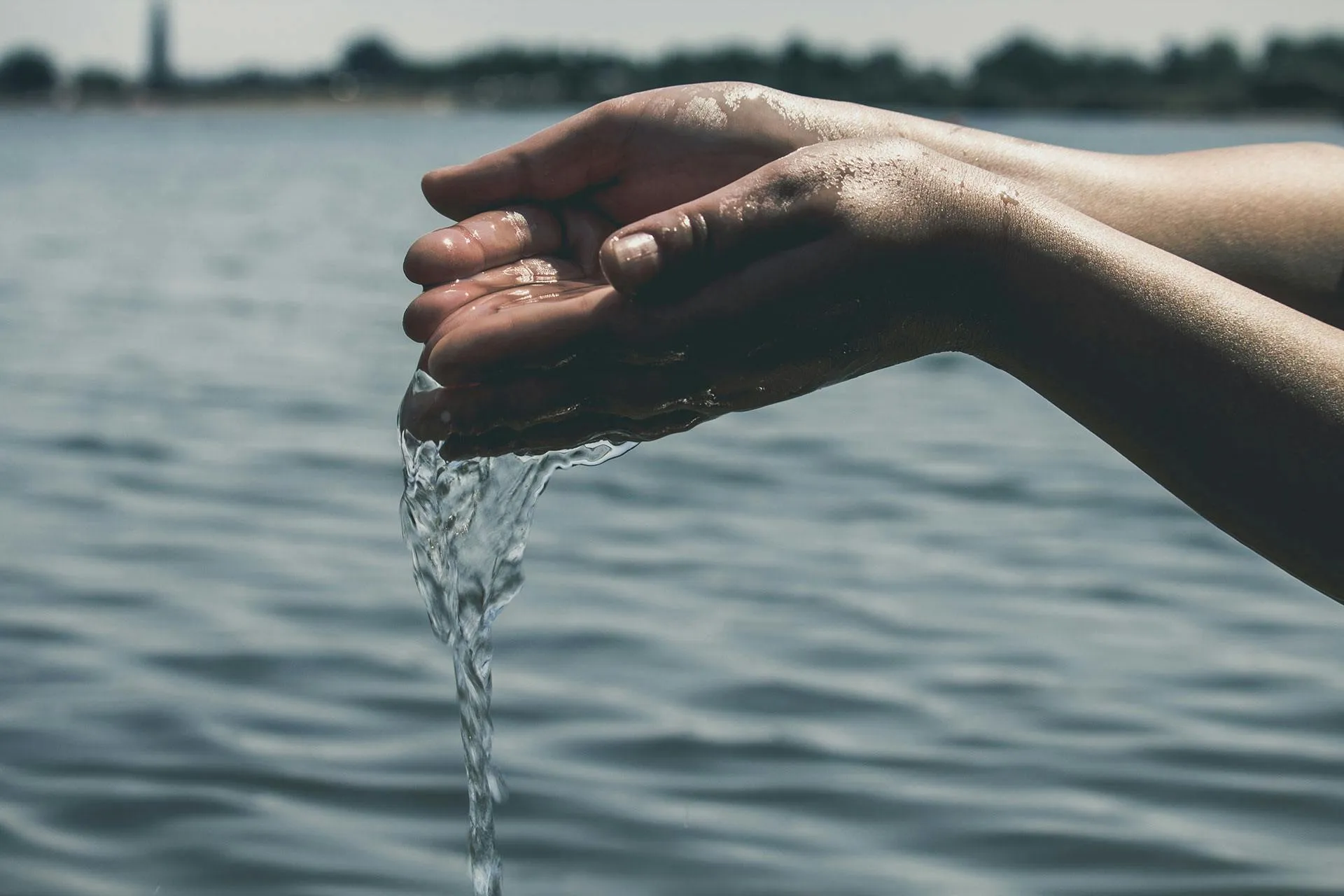 Hands cupping flowing water from a lake, representing clean water projects for charity donations.