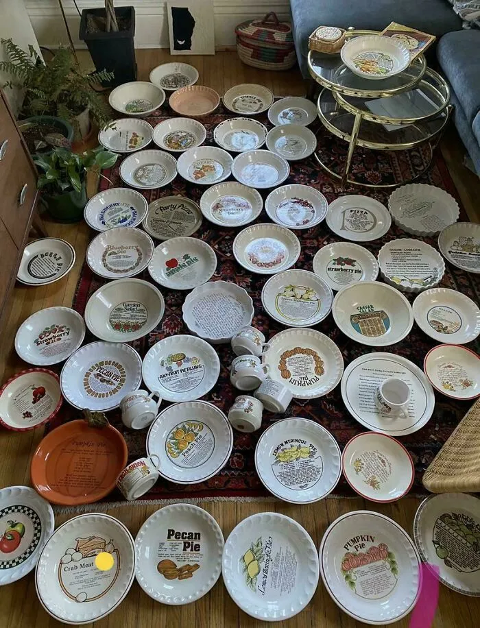 About Half Of My Collection Of Old Dishes With Recipes Printed On Them
