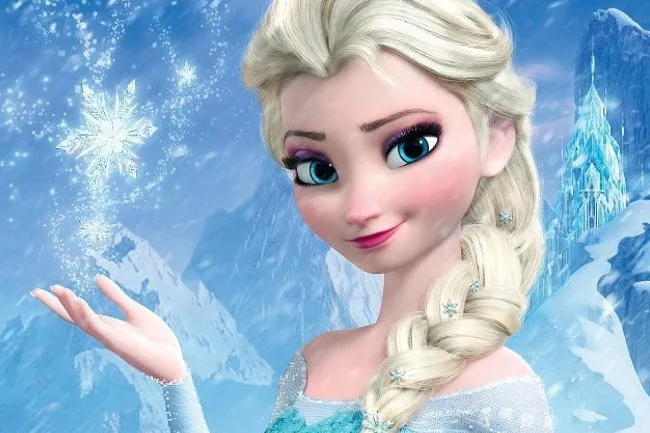 Elsa, an animated character, with braided blonde hair, wearing an icy blue dress, creating snowflakes with her hand.