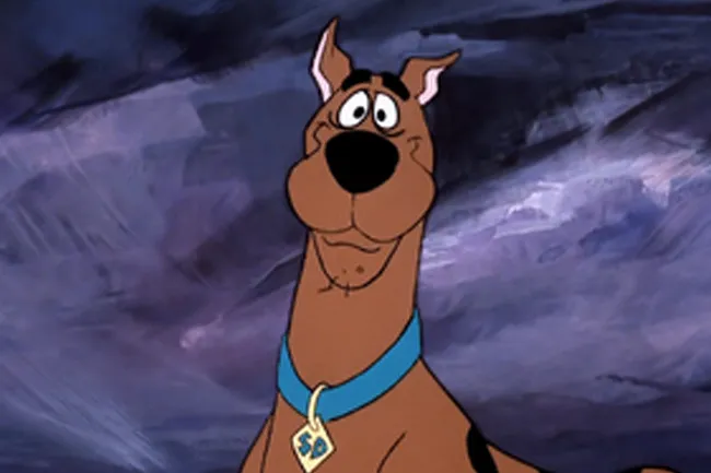 Scooby-Doo animated character with a blue collar and SD tag standing against a dark, misty background.