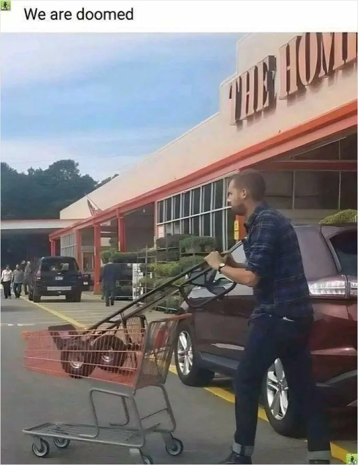 Man pushing a shopping cart incorrectly while outside a store, illustrating uncultured and ignorant Americans humor.