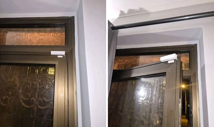 Window closer installed incorrectly blocking door function, illustrating common sense fails in one job tasks.