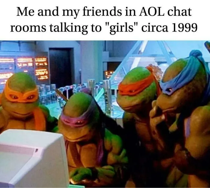 Teenage Mutant Ninja Turtles gathered around a computer, referencing nostalgic ’90s AOL chat rooms and early internet culture.