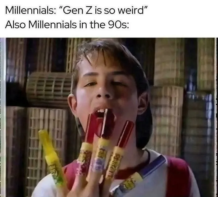 Millennial boy in 90s holding colorful candy sticks on fingers, nostalgic kids today will never know memories of the ’90s.