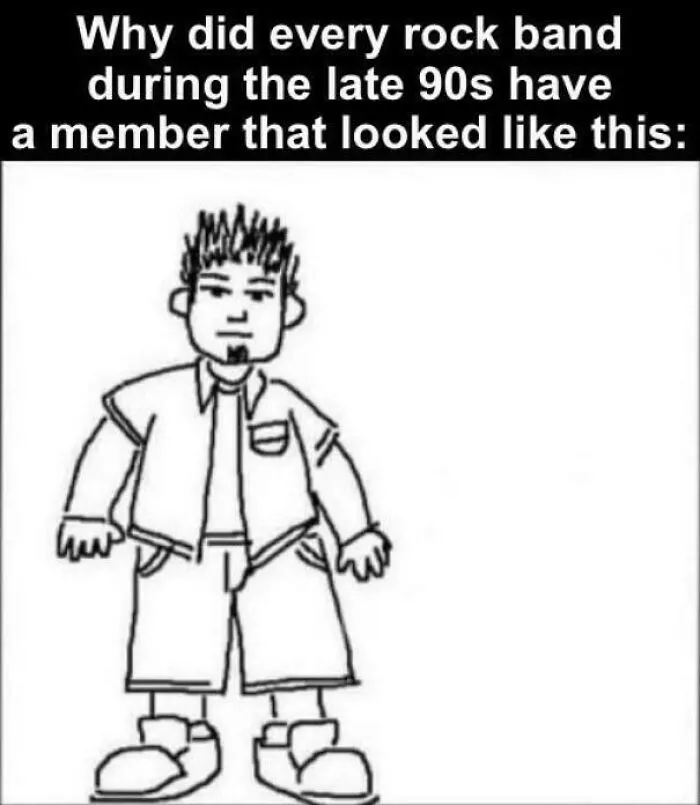 Late 90s rock band member cartoon sketch reflecting nostalgic 90s kids trends and memories from the decade.