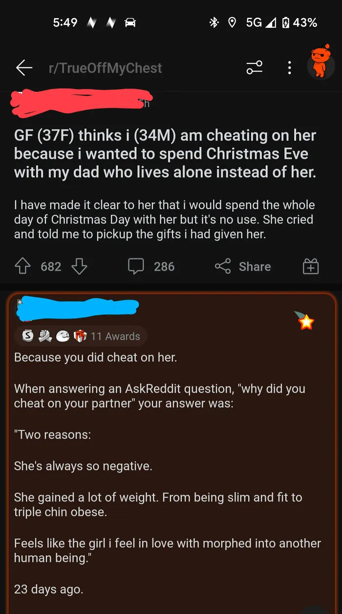 Cheater Complains That His Girlfriend Is "Falsely" Accusing Him Of Cheating, Gets Exposed By His Own Comment History