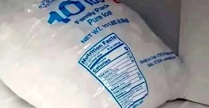 Ice bag with nutrition facts label as a funny example of uncultured and ignorant Americans in a humorous post.