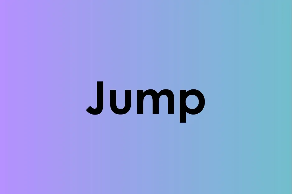 The word jump displayed in bold black font on a purple to blue gradient background, highlighting preposition choice.