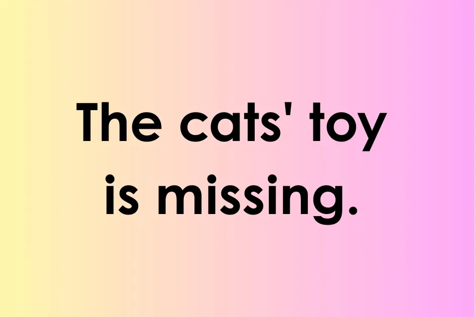 Sentence example with apostrophe correctly used on a gradient background showing possession of a cat's toy.