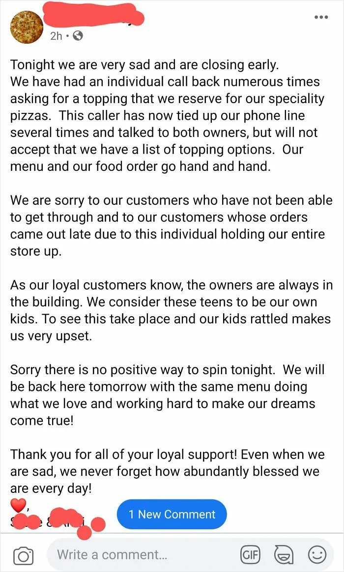 Local Pizzeria In My Hometown Run By An Older Couple Is Being Harassed Enough To Close On A Saturday Night Because Of This Karen