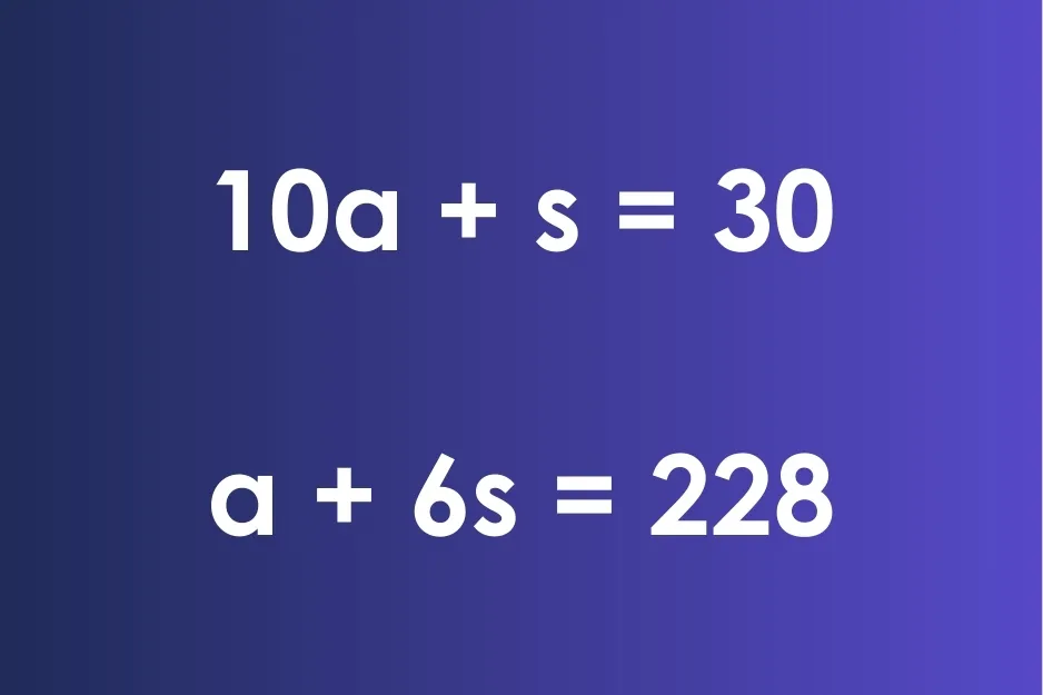 Group of equations representing a worded math problem with variables and arithmetic operations on a whiteboard background.