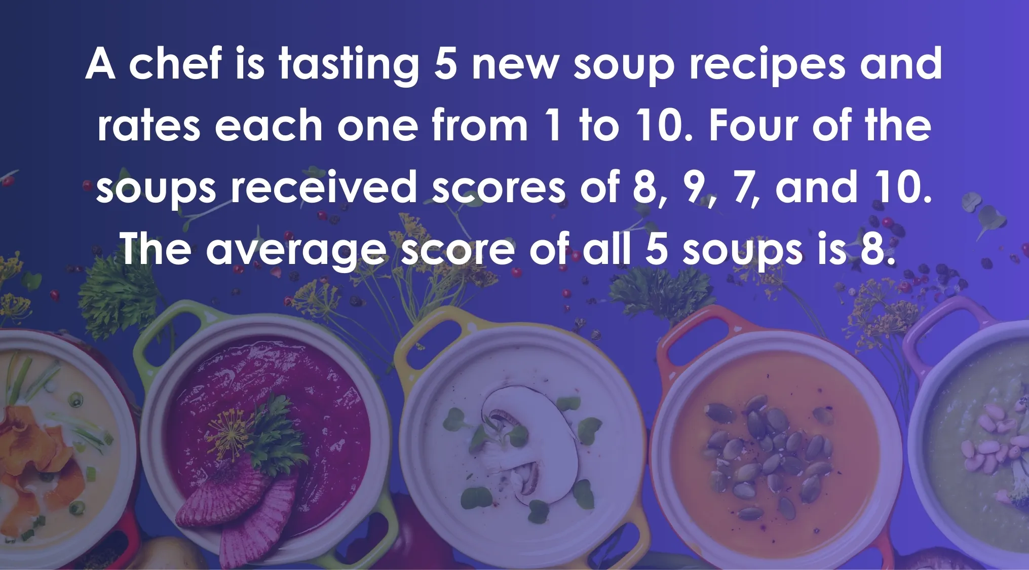 Chef tasting five soups with ratings and asking what score the fifth soup received in ACT quiz.