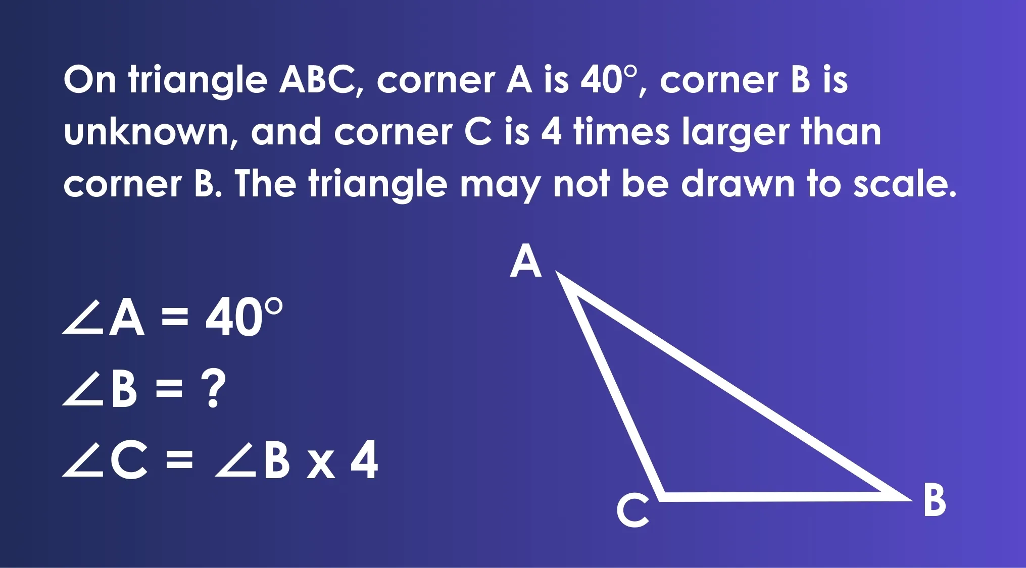 Triangle ABC with angle A at 40 degrees, angle B unknown, and angle C four times angle B measuring side angles.