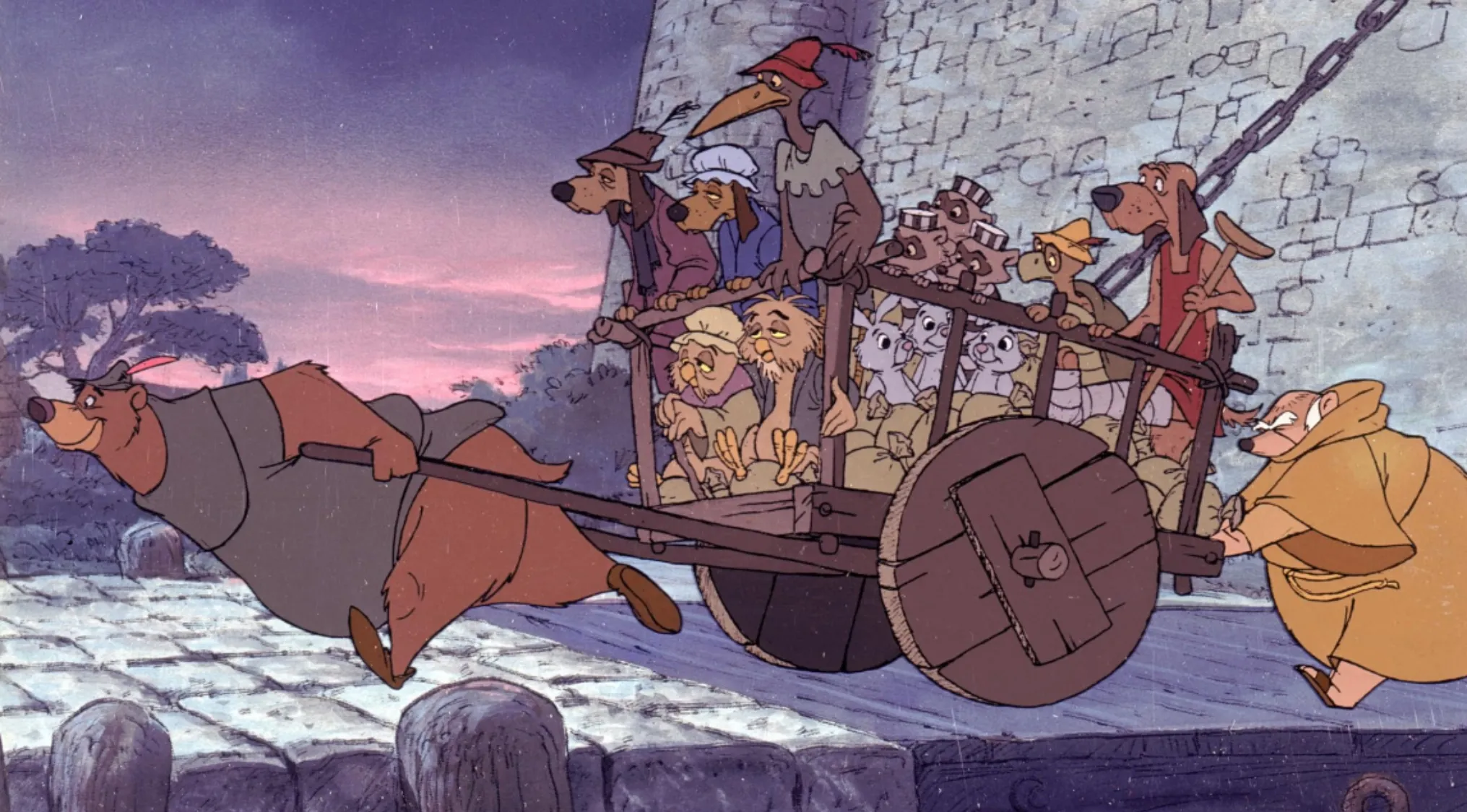 Animated 70s movie scene featuring anthropomorphic animals transporting prisoners in a medieval cart at dusk.