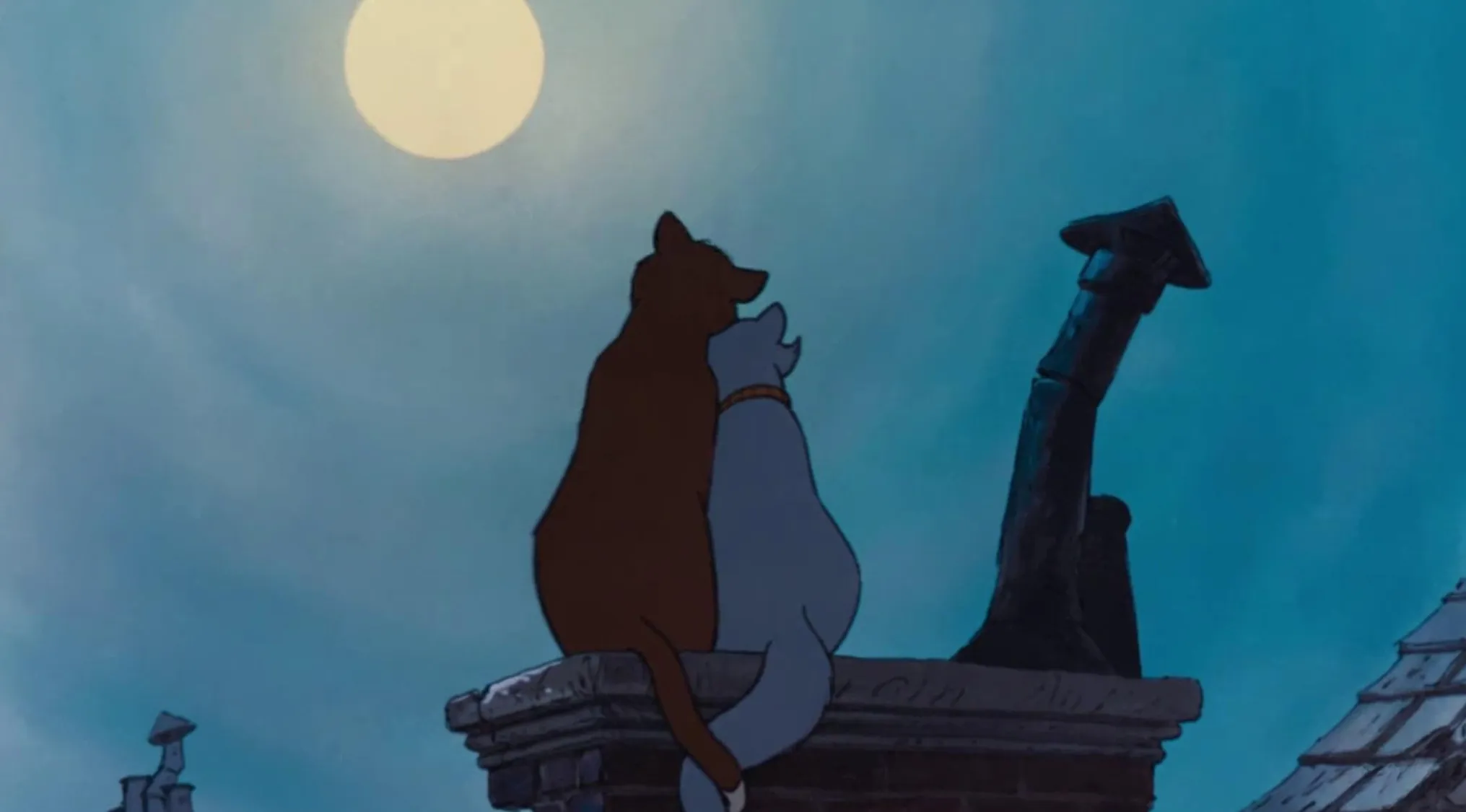 Two animated cats sitting on a rooftop under a full moon in a classic 70s movie scene.