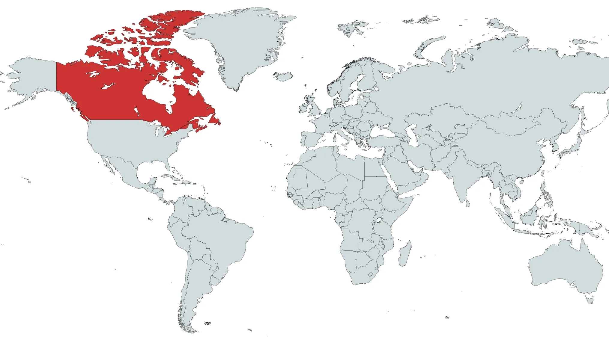 Map highlighting Canada in red as part of a geography challenge to guess the country from the visual hint.