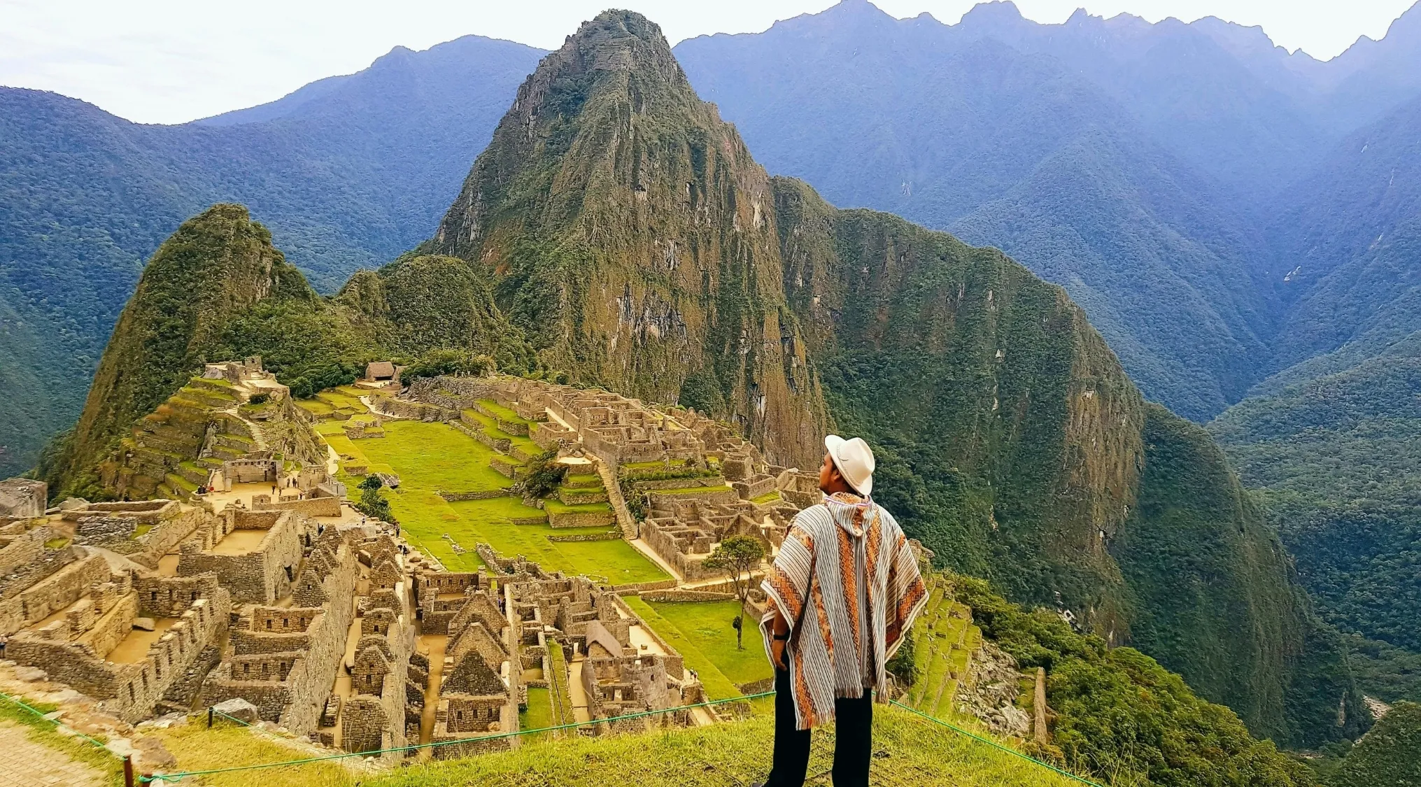 Traveler in traditional attire at Machu Picchu, a famous landmark in the geography challenge to guess the country.