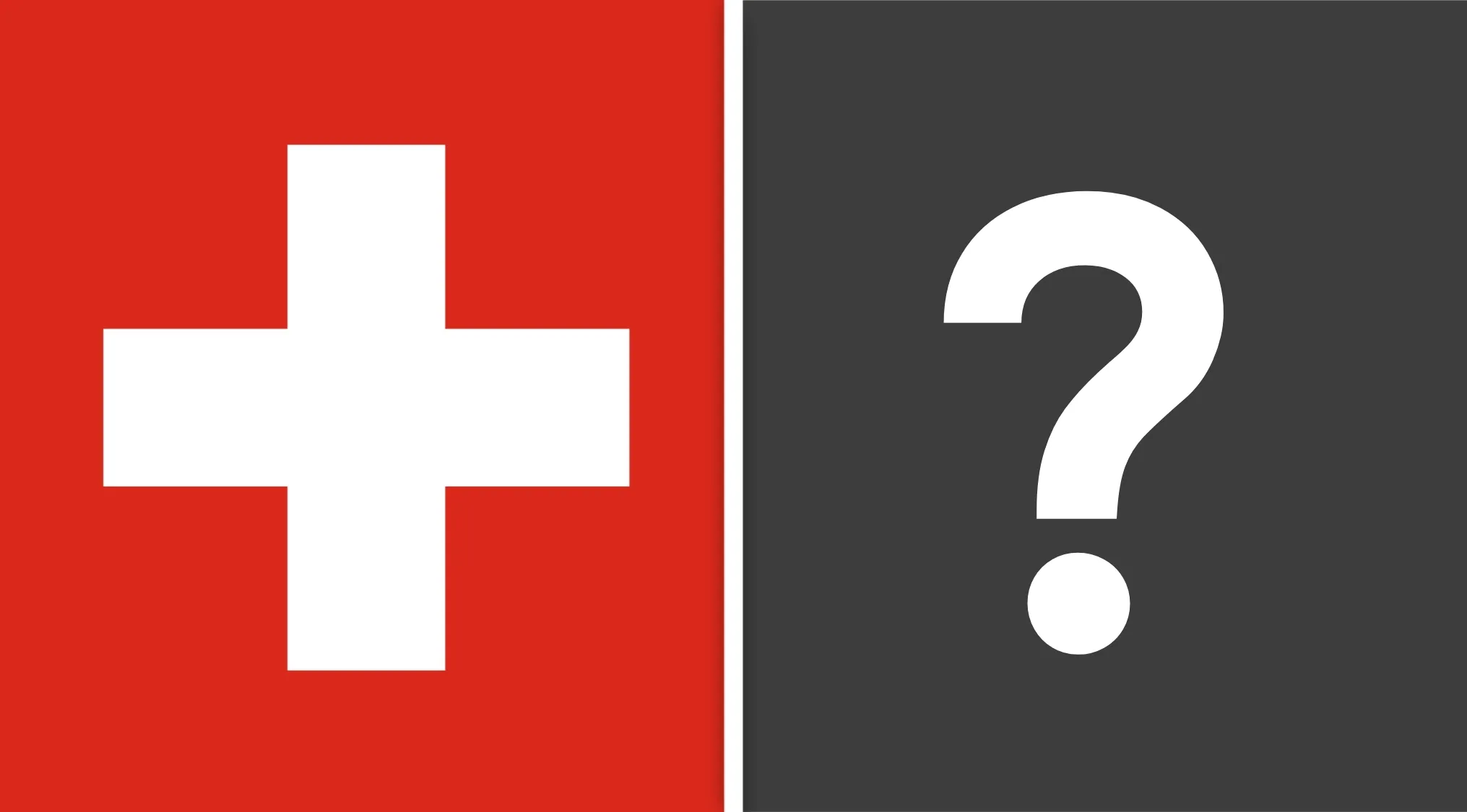 Swiss flag with white cross on red background and a question mark as a visual hint for geography challenge guessing the country.