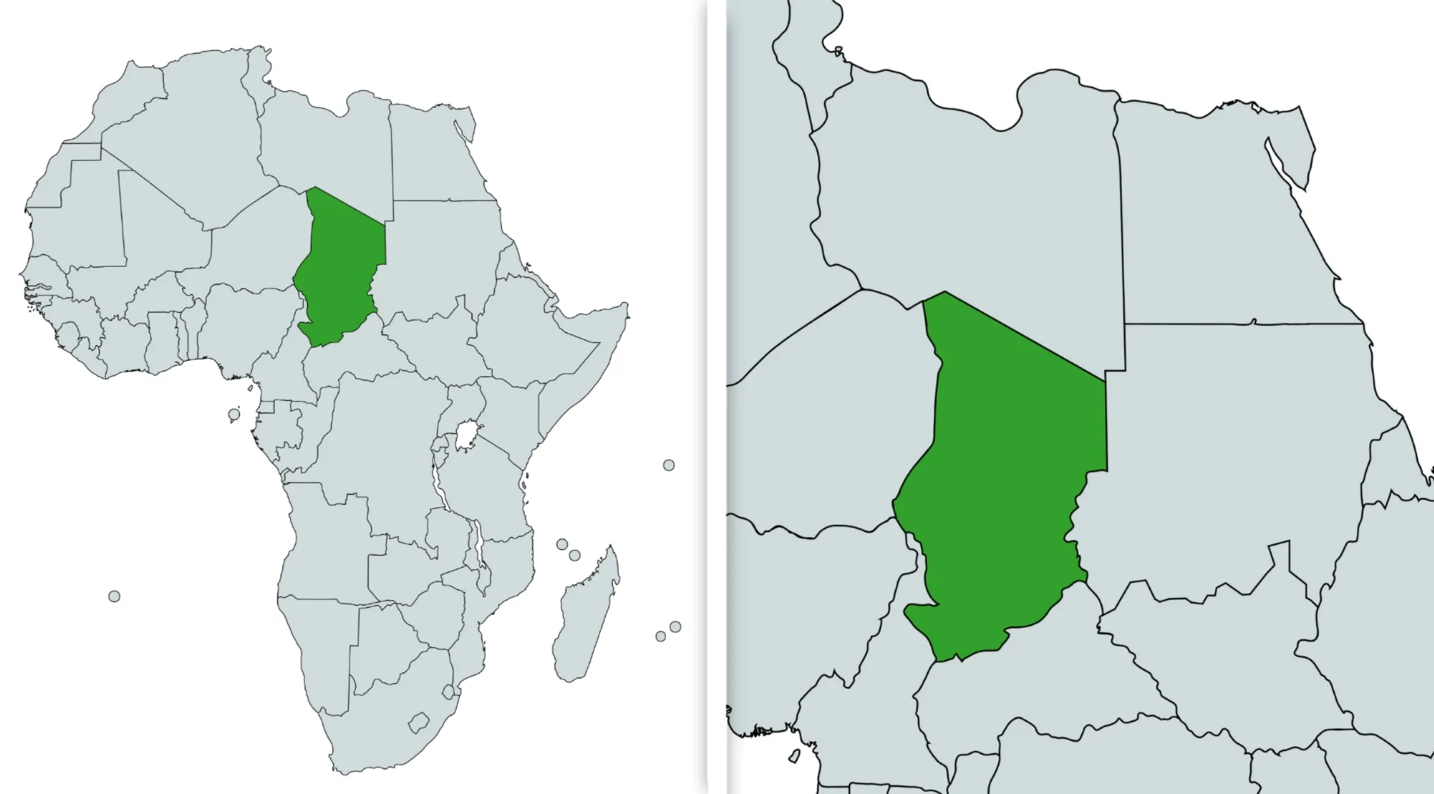 Map of Africa highlighting the country of Chad in green as a geography challenge visual hint.