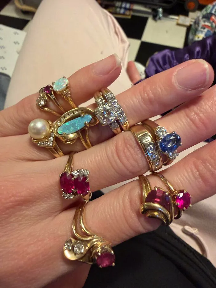 I Thrifted A Pair Of Black Boots For $8 And To My Surprise They Had A Bag Of Rings Hidden In The Toe