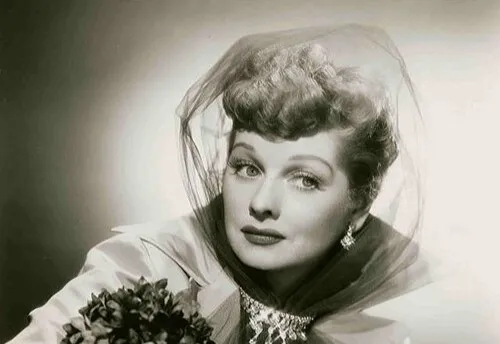 Black and white portrait of Lucille Ball from 1950s general knowledge questions about popular television shows.