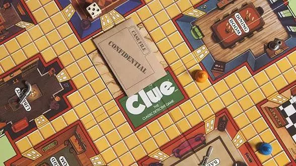Clue board game laid out with cards, dice, and player pieces on a colorful detective-themed game board.