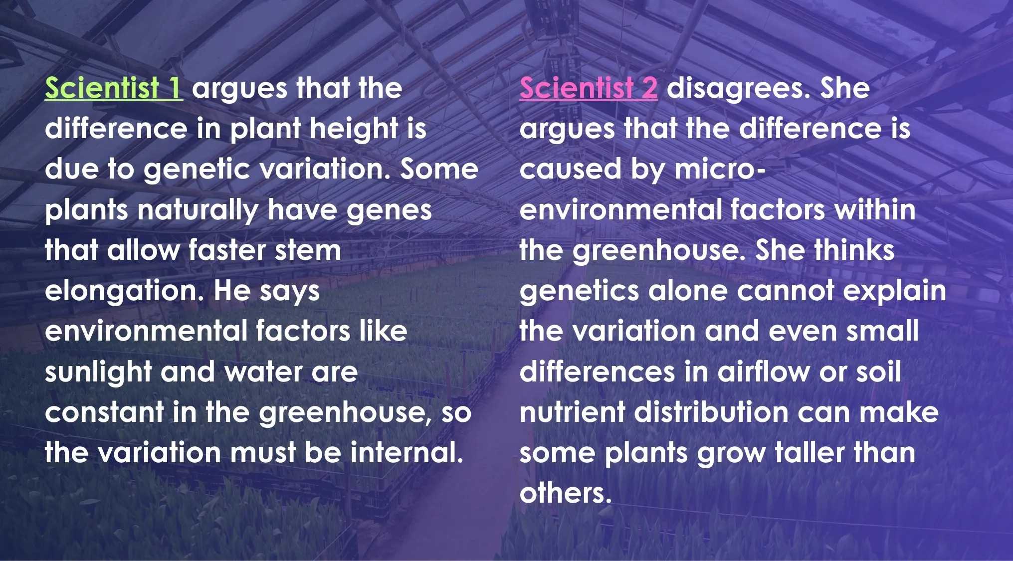 Two scientists debate plant height variation caused by genetic and environmental factors in a greenhouse setting for ACT quiz.