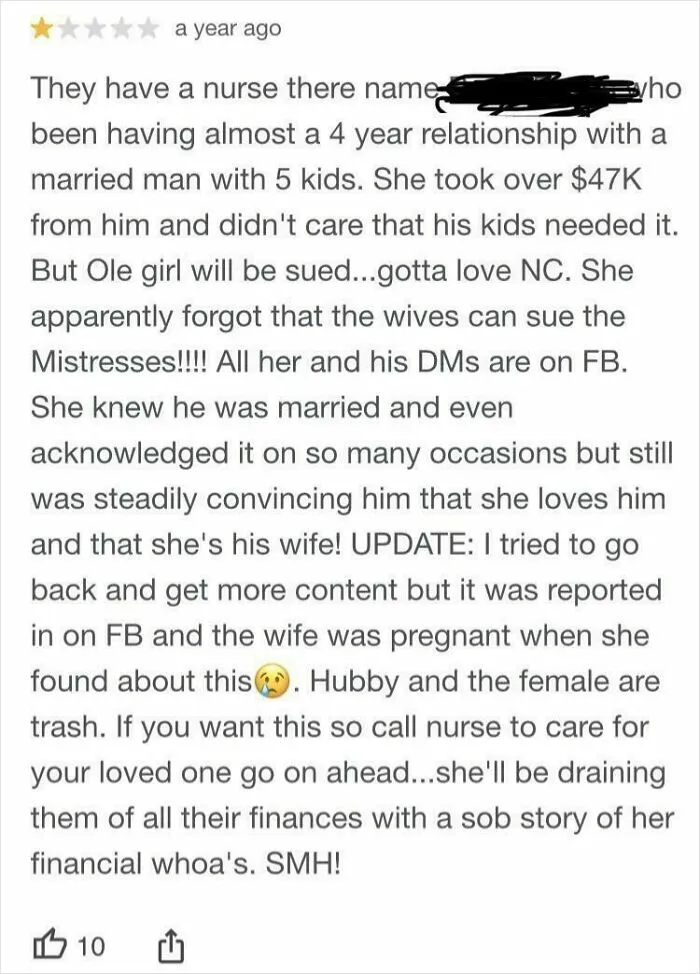 One-star review rant exposing a nurse involved in a messy personal and financial dispute, showcasing delusional customer complaints.