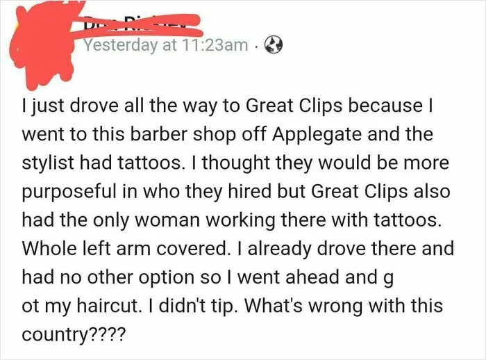 Alt text: Delusional customer complaining in a review about a barber with tattoos at Great Clips, refusing to tip after haircut.