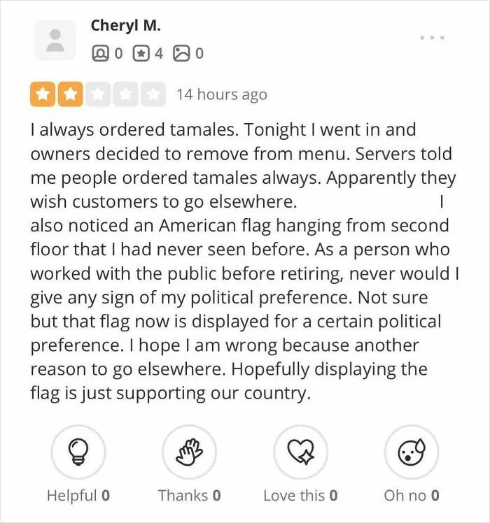 Customer review complaining about menu changes and political flag concerns, illustrating delusional customer expectations in reviews.
