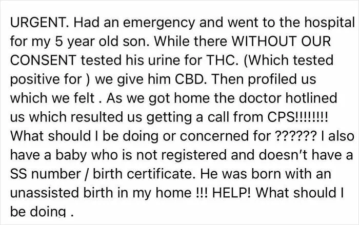 Freebirther Fighting CPS Because 5 Year Old Tested Positive For THC “But It’s Because CBD” and Kid With No SS/BC